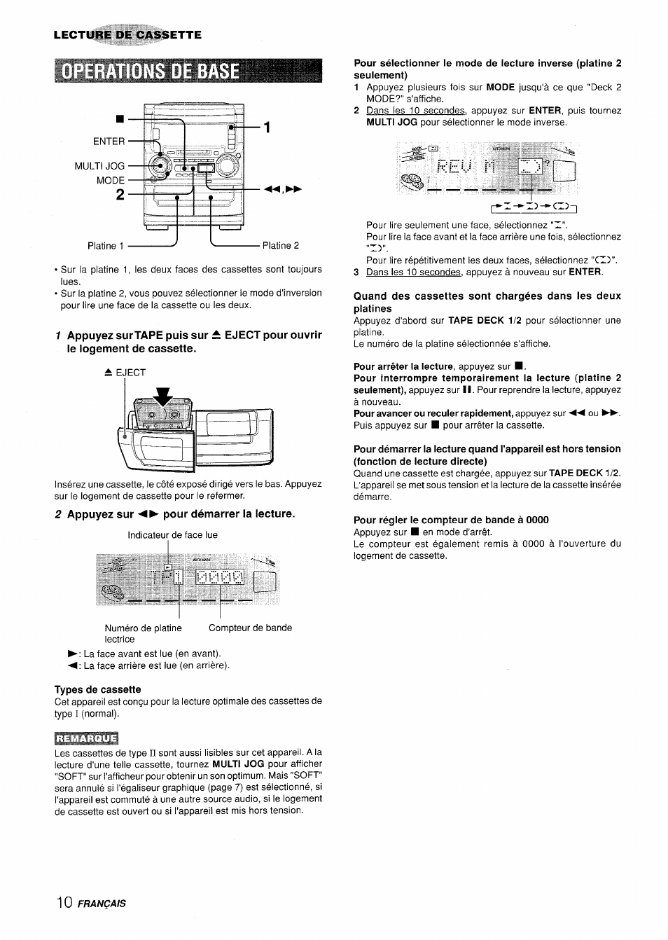 Ebase, 2 appuyez sur pour démarrer la lecture, T'fm 0000 | Pour régler le compteur de bande à 0000, Types de cassette | Aiwa XR-H330MD User Manual | Page 90 / 124