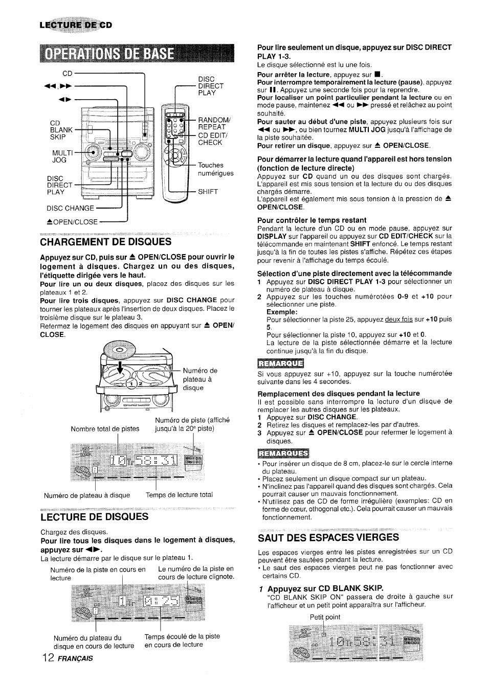 S de base, Chargement de disques, Ì0tr58;i3ì | Lecture de disques, Saut des espaces vierges, Lecture de cd | Aiwa XR-H330MD User Manual | Page 92 / 124