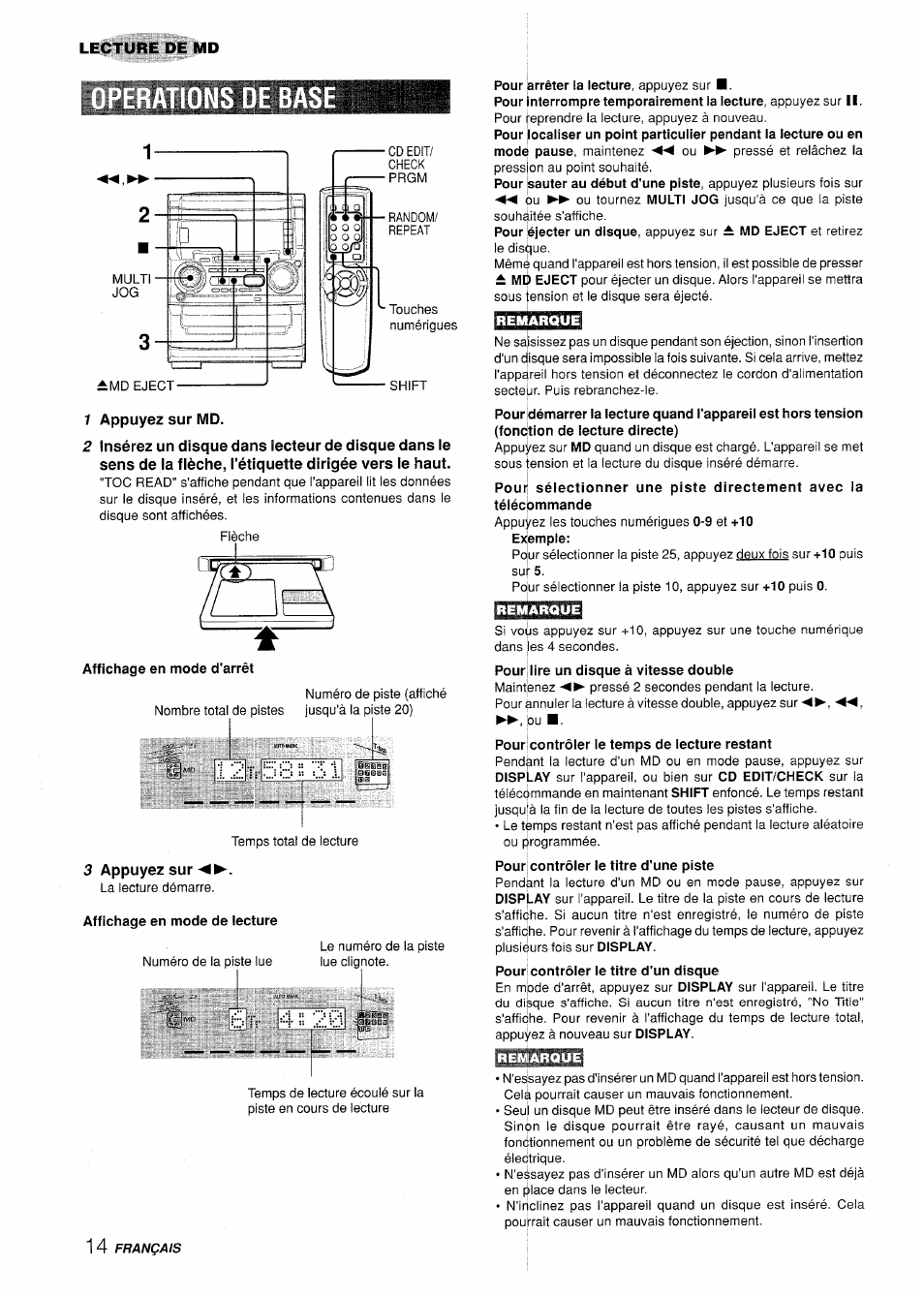 De base, 1 appuyez sur md, Affichage en mode d'arrêt | 3 appuyez sur, Affichage en mode de lecture, Pour, Disp, Lecture de md | Aiwa XR-H330MD User Manual | Page 94 / 124