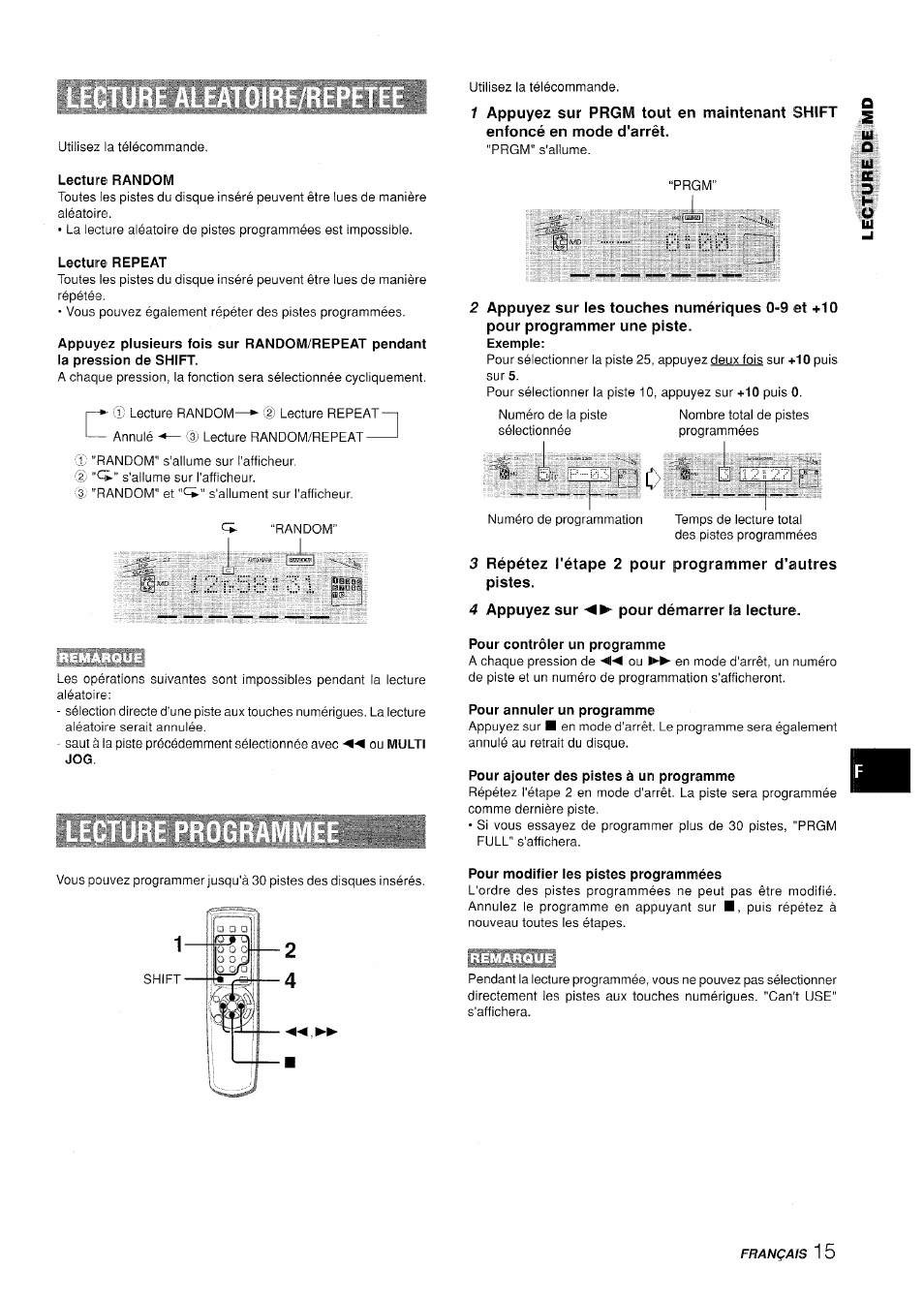 Lecture random, 4 appuyez sur pour démarrer la lecture, Pour contrôler un programme | Pour annuler un programme, Pour ajouter des pistes à un programme, Pour modifier les pistes programmées | Aiwa XR-H330MD User Manual | Page 95 / 124