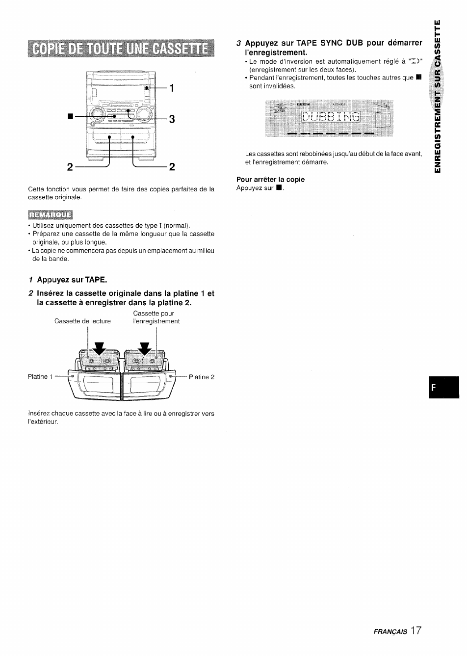 Pour arrêter la copie, 1 appuyez sur tape | Aiwa XR-H330MD User Manual | Page 97 / 124