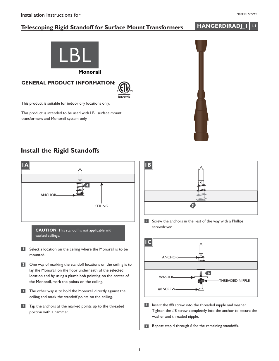 LBL Lighting MO Direct Feed Standoff for Surf Xfmr User Manual | 4 pages