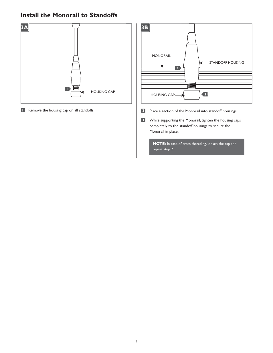 Install the monorail to standoffs, 3a 1a 3b | LBL Lighting MO Direct Feed Standoff for Surf Xfmr User Manual | Page 3 / 4