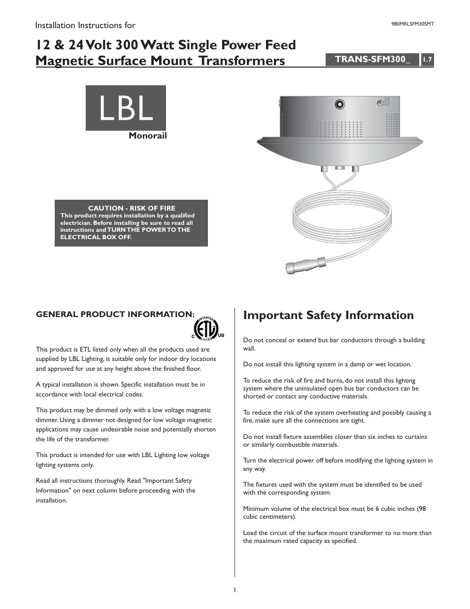 LBL Lighting MO Surf Mag Xfmr 300w 277v/12v User Manual | 4 pages