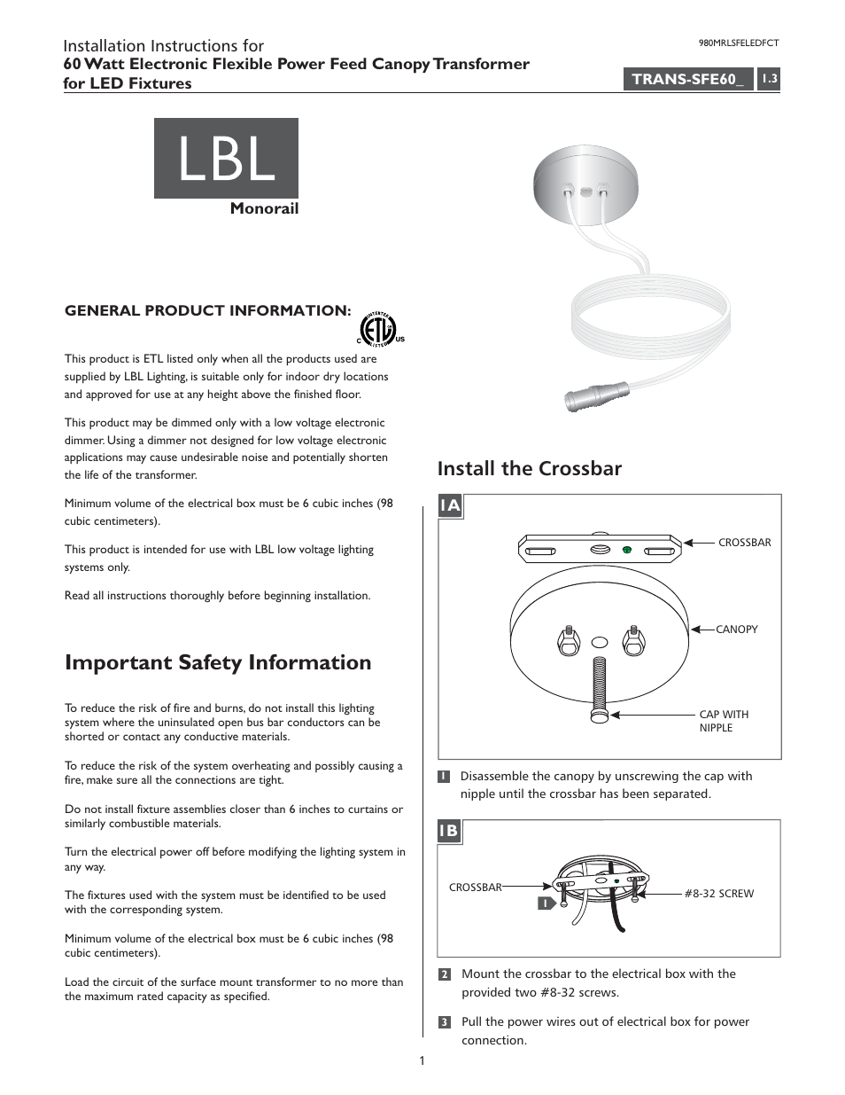 LBL Lighting MO Flush Elec Xfmr 60w 277v/12v LED User Manual | 4 pages