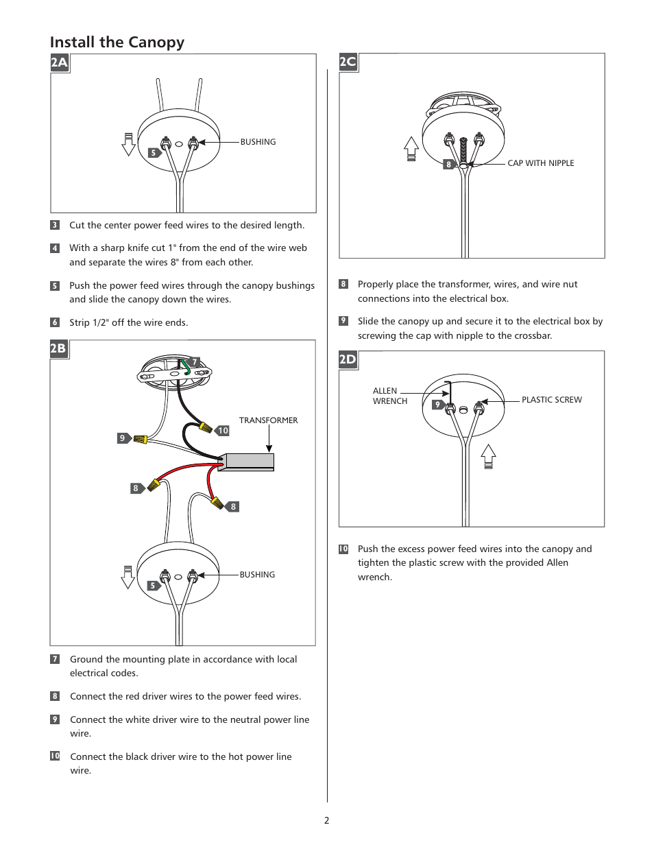 Install the canopy, 2a 2c 2d | LBL Lighting MO Flush Elec Xfmr 60w 277v/12v LED User Manual | Page 2 / 4