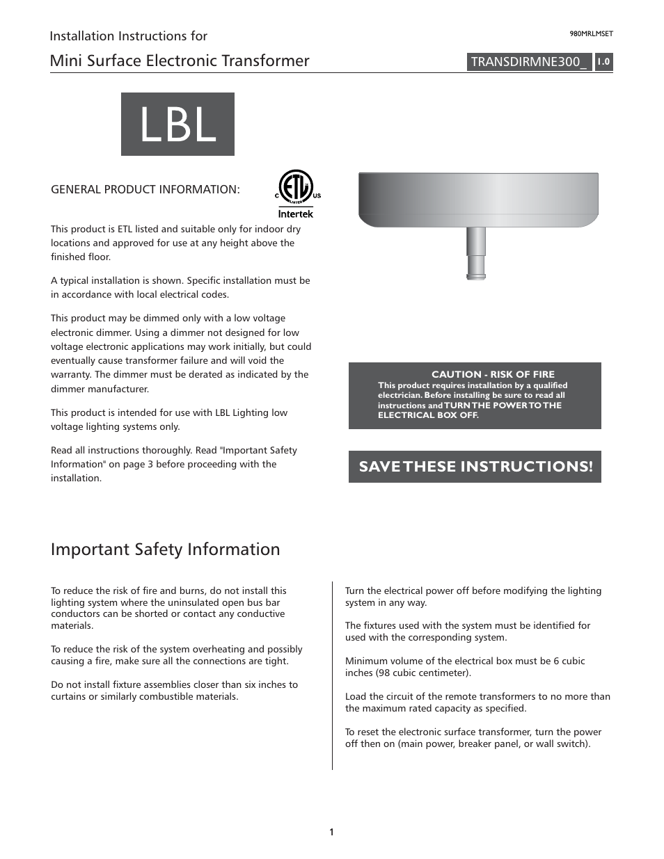 LBL Lighting MO Mini Direct-Feed Surf Elec Xfmr 300w 120v/12v User Manual | 2 pages