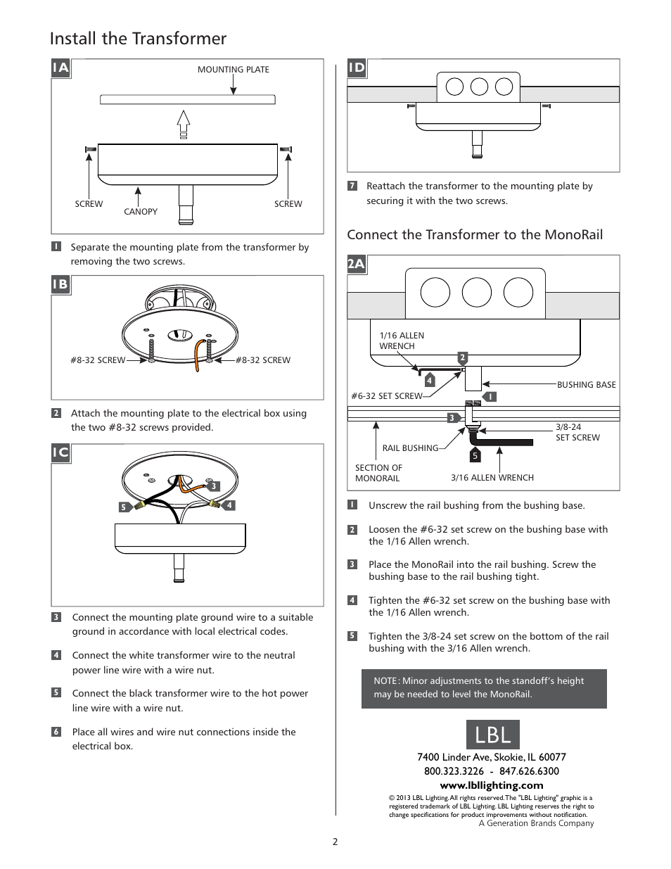 Install the transformer, Connect the transformer to the monorail, 1b 1c 1d 2a | LBL Lighting MO Mini Direct-Feed Surf Elec Xfmr 300w 120v/12v User Manual | Page 2 / 2