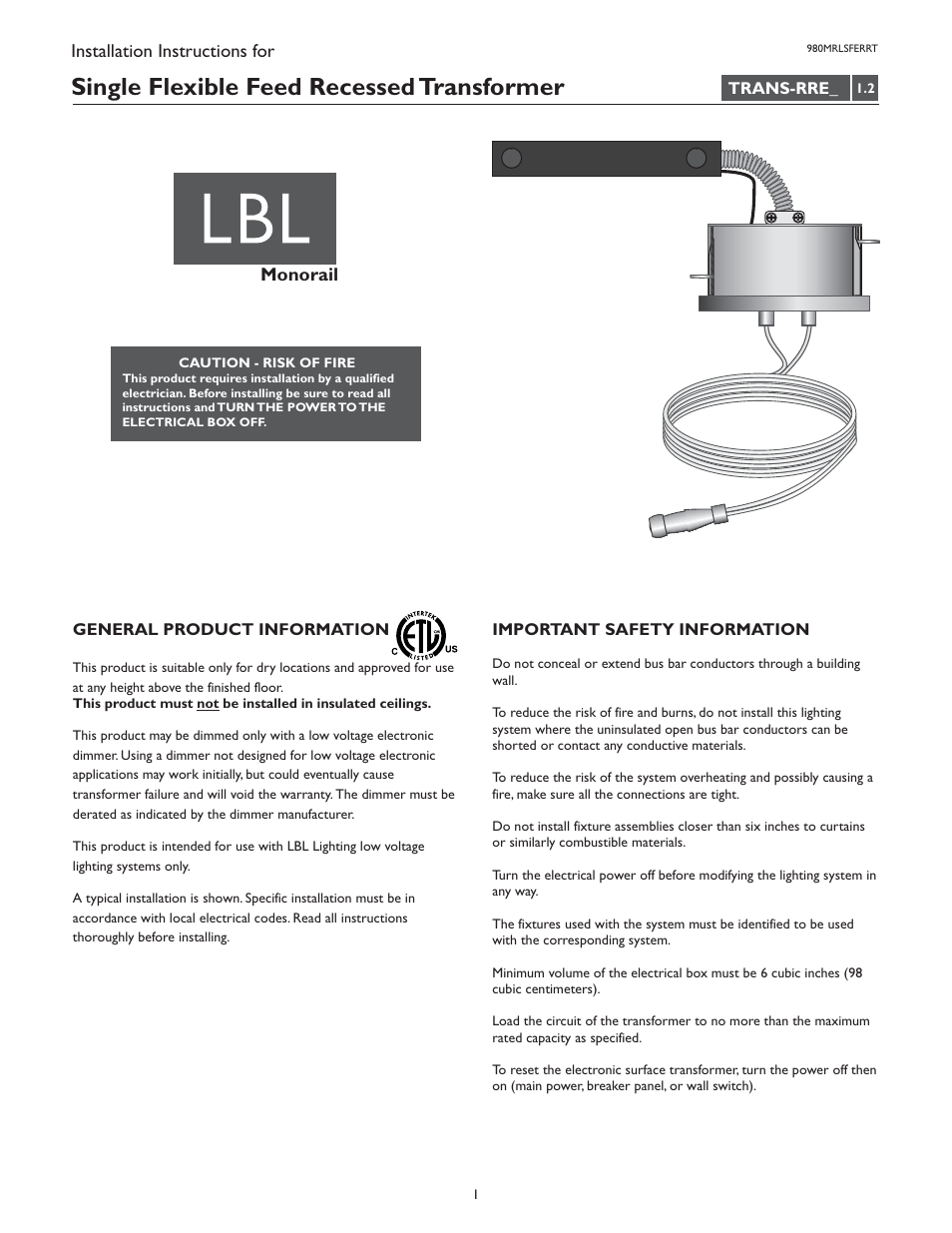 LBL Lighting MO Surf Elec Xfmr 100w 277v/12v LED User Manual | 4 pages