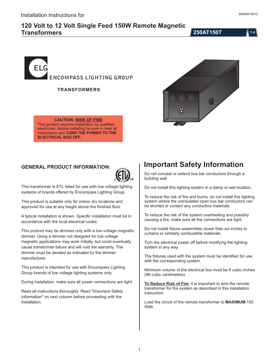 LBL Lighting MO Rmt Mag Xfmr 150w 120v/12v User Manual | 4 pages