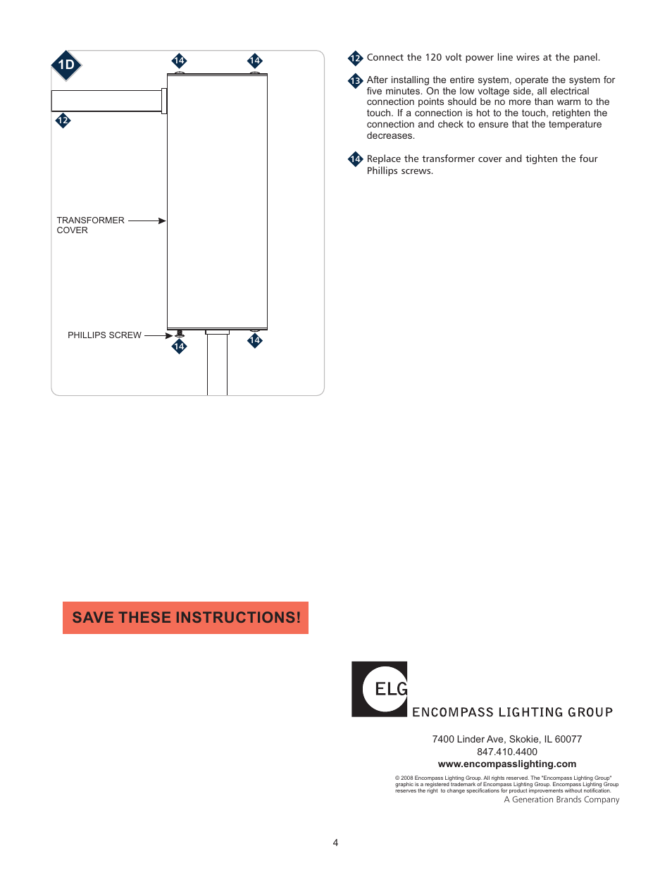Save these instructions | LBL Lighting MO Rmt Elec Xfmr 300w 120v/12v DC User Manual | Page 4 / 4