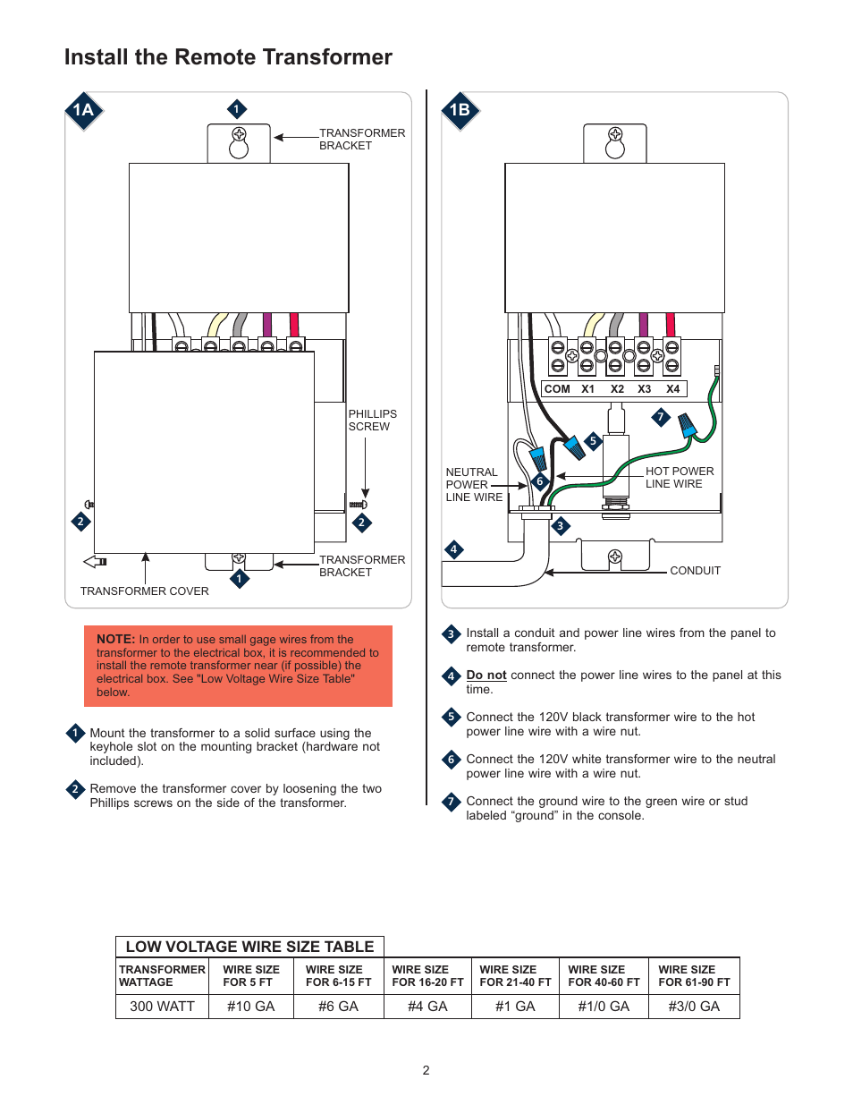 Install the remote transformer, Low voltage wire size table | LBL Lighting MO Rmt Mag Xfmr 300w 120v/12v User Manual | Page 2 / 4