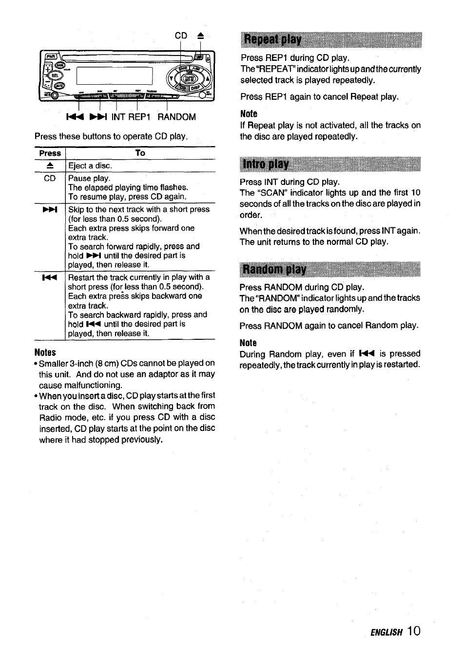 Notes, Repeat play, Note | Intro play, Random play | Aiwa CDC-X116 User Manual | Page 11 / 44