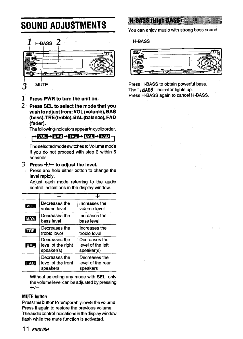 Sound adjustments, 1 press pwr to turn the unit on, 3 press +/— to adjust the level | Mute button | Aiwa CDC-X116 User Manual | Page 12 / 44