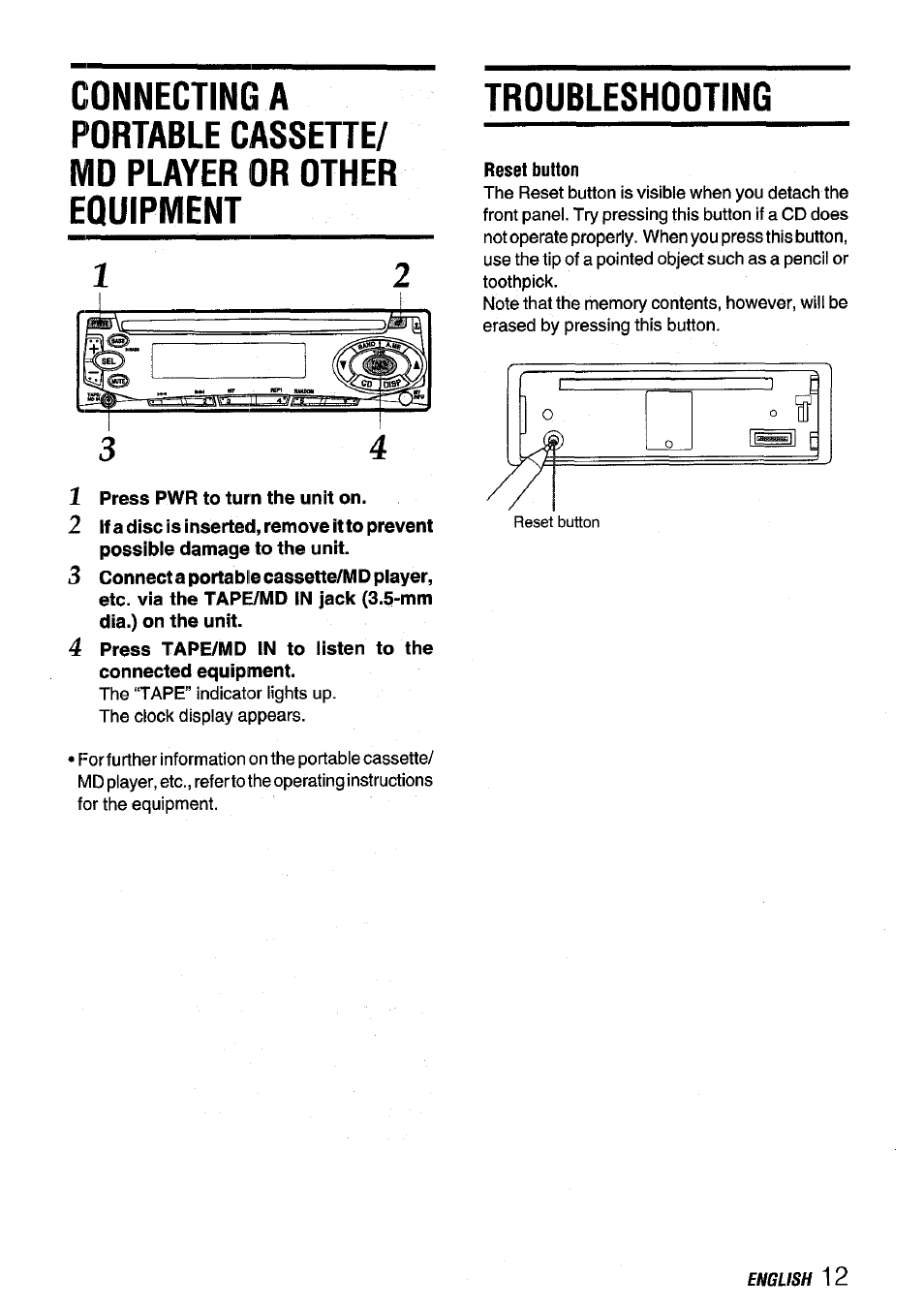 1 press pwr to turn the unit on, Reset button, Troubleshooting | Aiwa CDC-X116 User Manual | Page 13 / 44