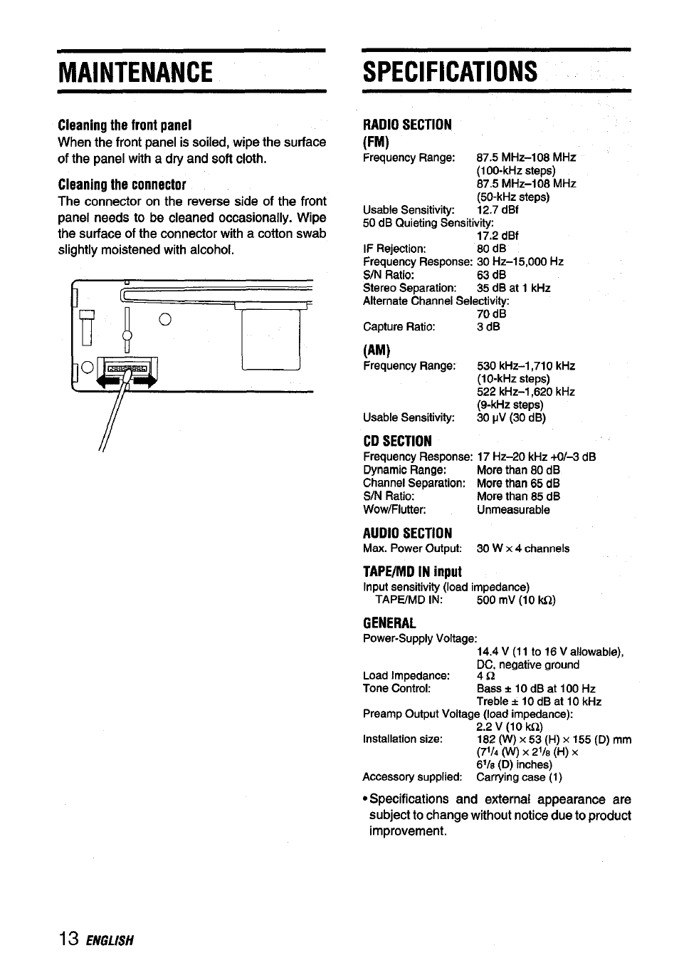 Maintenance, Specifications, Cleaning the front panel | General, Maintenance specifications | Aiwa CDC-X116 User Manual | Page 14 / 44
