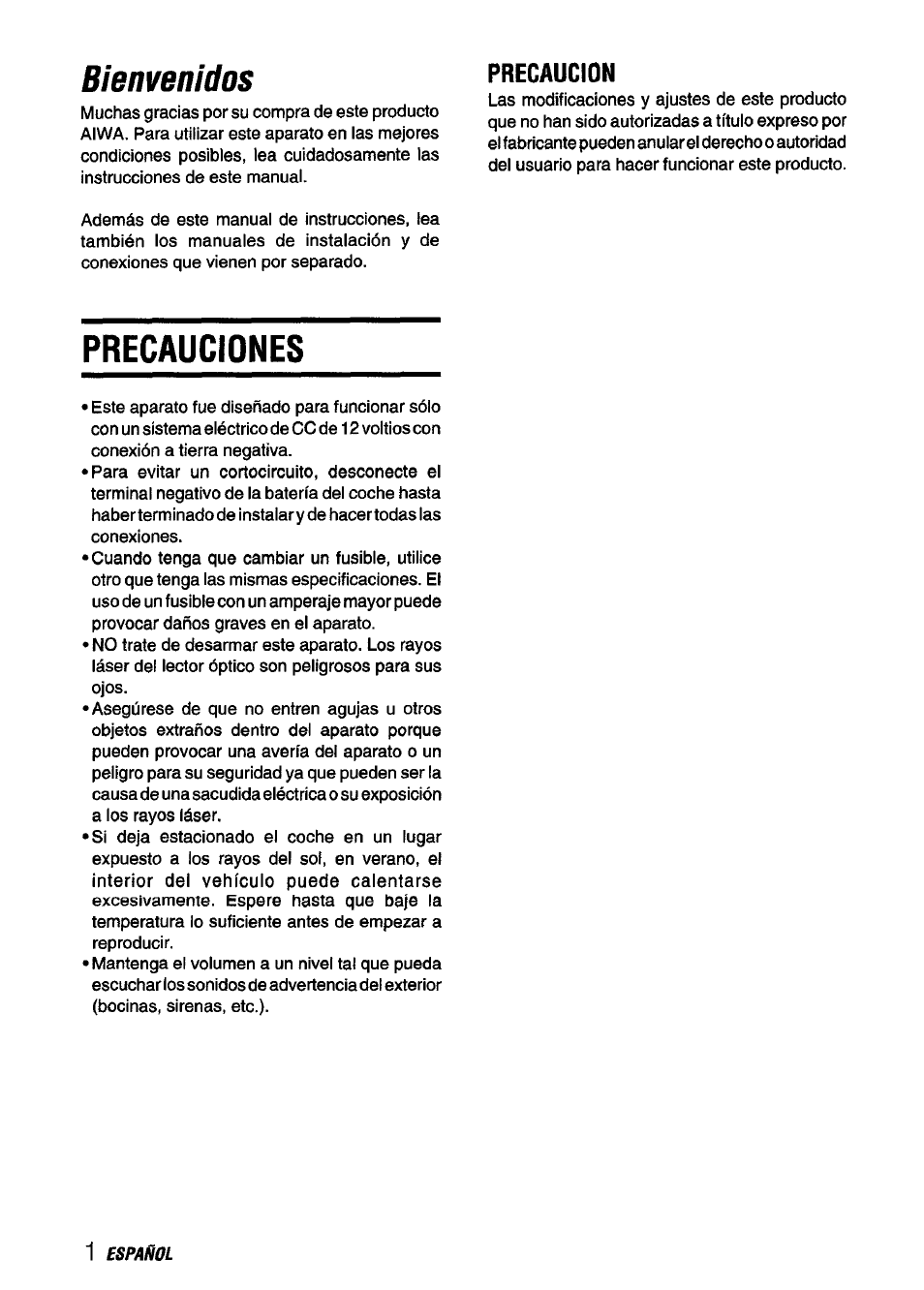 Bienvenidos, Precaucion, Precauciones | Aiwa CDC-X116 User Manual | Page 16 / 44