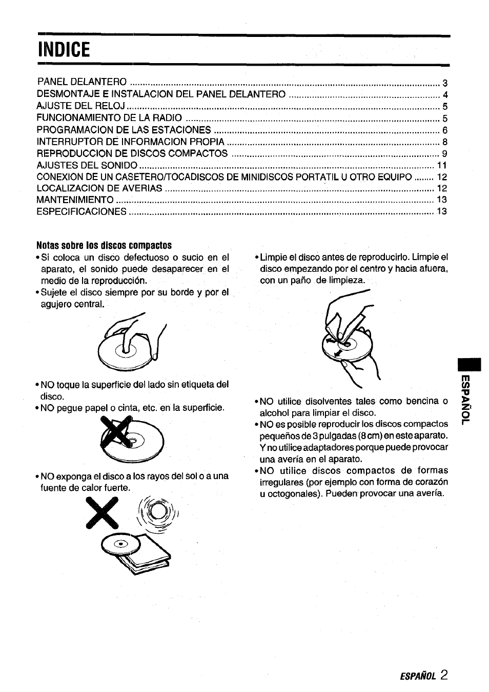 Indice, Notas sobre ios discos compactos | Aiwa CDC-X116 User Manual | Page 17 / 44