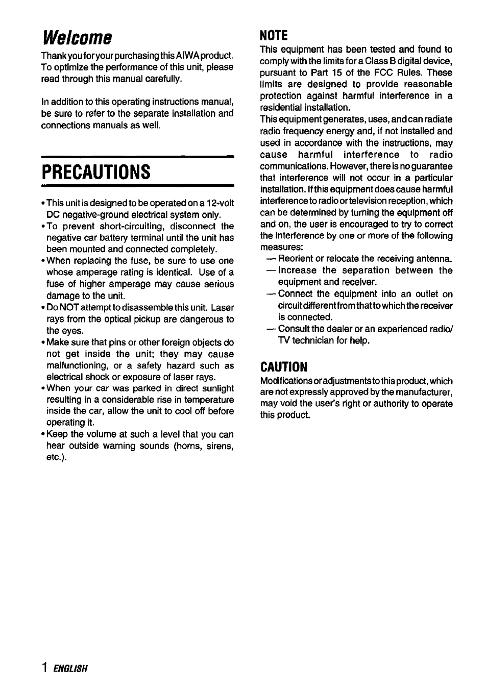 Welcome, Precautions | Aiwa CDC-X116 User Manual | Page 2 / 44