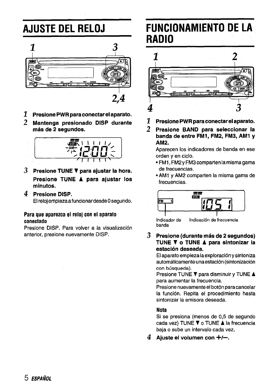 Ajuste del reloj, Funcionamiento de la radio, Nota | Ajuste del reloj funcionamiento de la radio | Aiwa CDC-X116 User Manual | Page 20 / 44