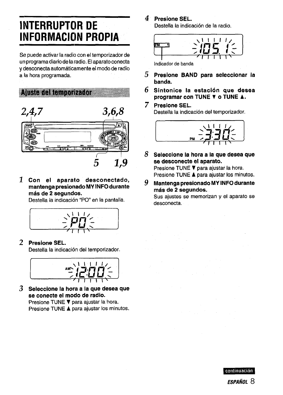Interruptor de informacion propia, Ajuste del temporizador, 2 presione sel | 4 presione sel, 5 presione band para seleccionar la banda, 7 presione sel | Aiwa CDC-X116 User Manual | Page 23 / 44
