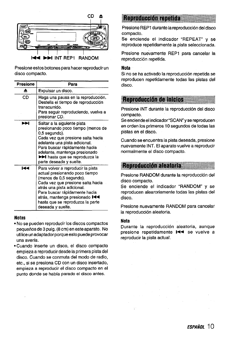 Notas, Reproducción repetida, Nota | Reproducción de inicios, Reproducción aleatoria | Aiwa CDC-X116 User Manual | Page 25 / 44
