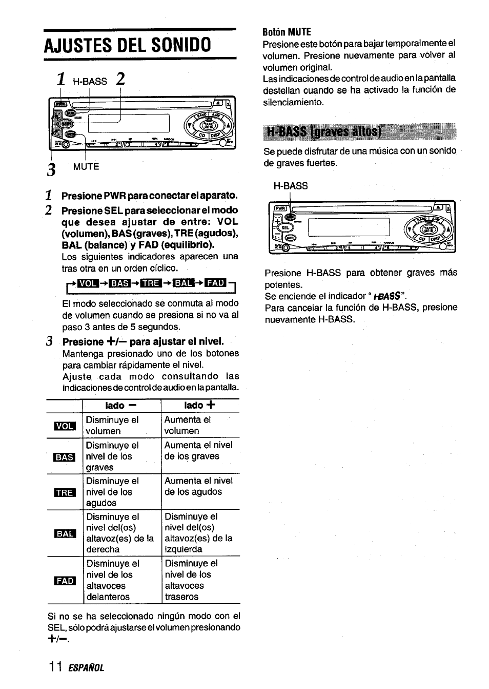 Ajustes del sonido, 1 presione pwr para conectar el aparato, Botón mute | H-bass (graves altos) | Aiwa CDC-X116 User Manual | Page 26 / 44