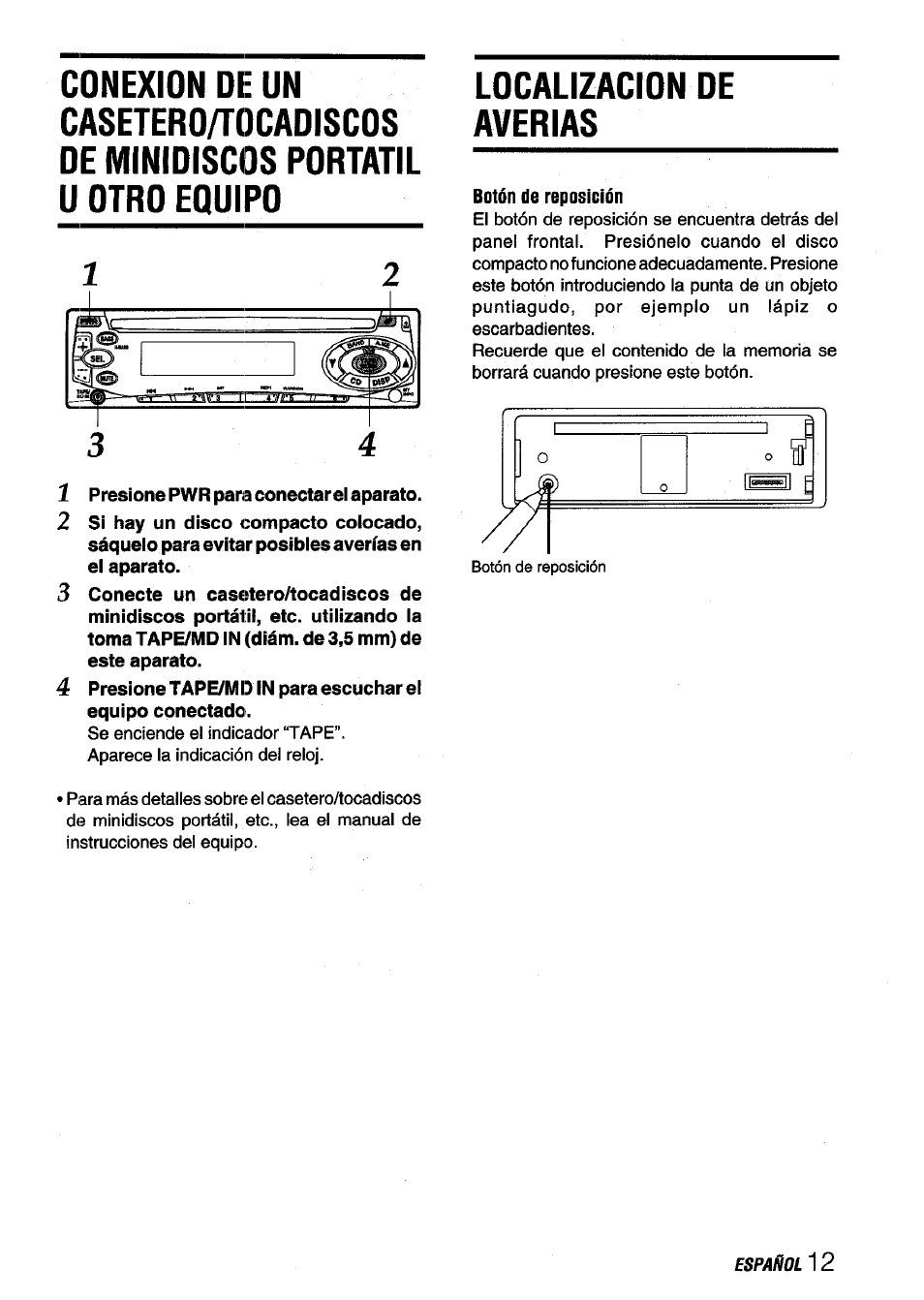 Localizacion de averias, Botón de reposición | Aiwa CDC-X116 User Manual | Page 27 / 44