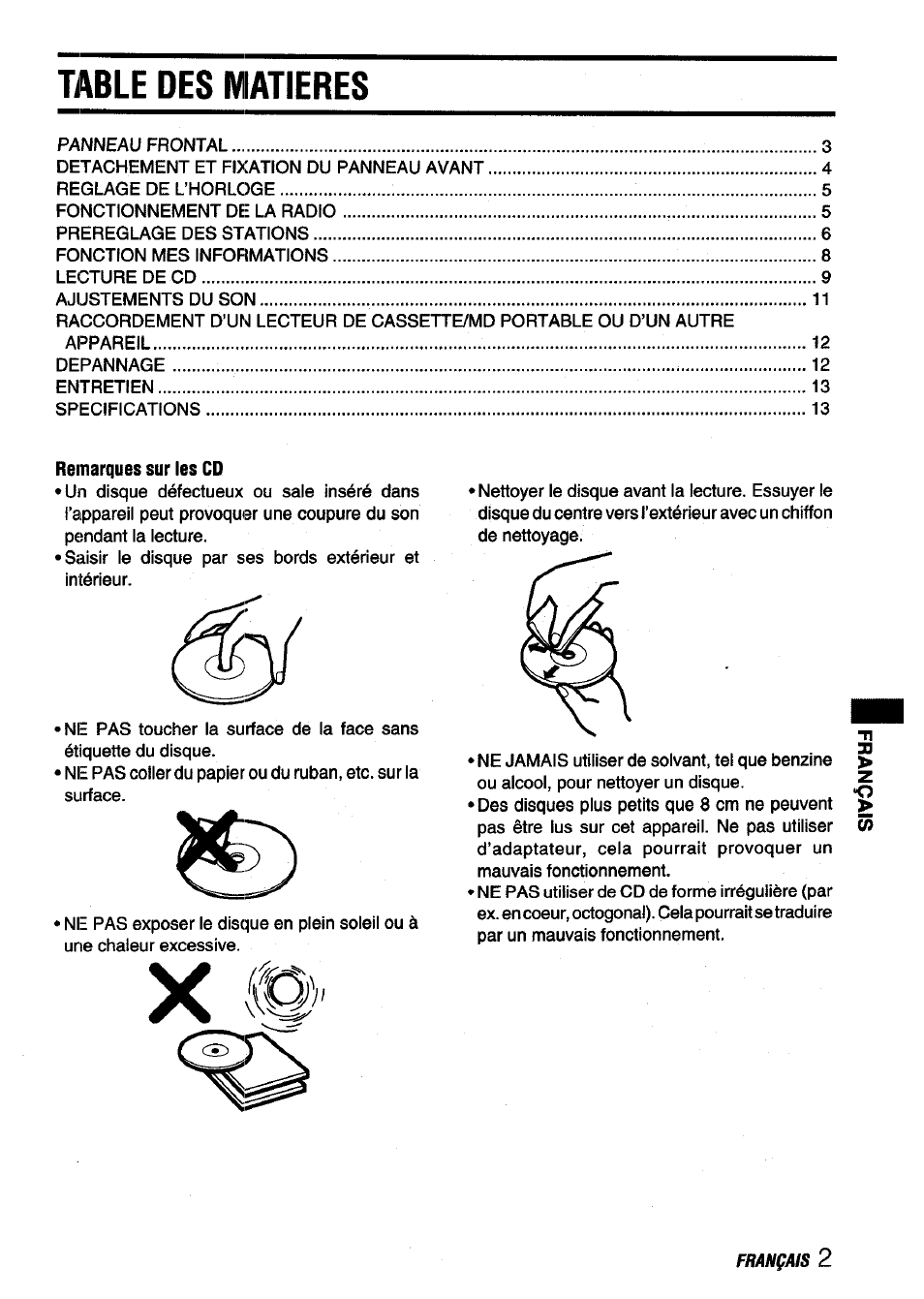 Table des matieres, Remarques sur les cd | Aiwa CDC-X116 User Manual | Page 31 / 44