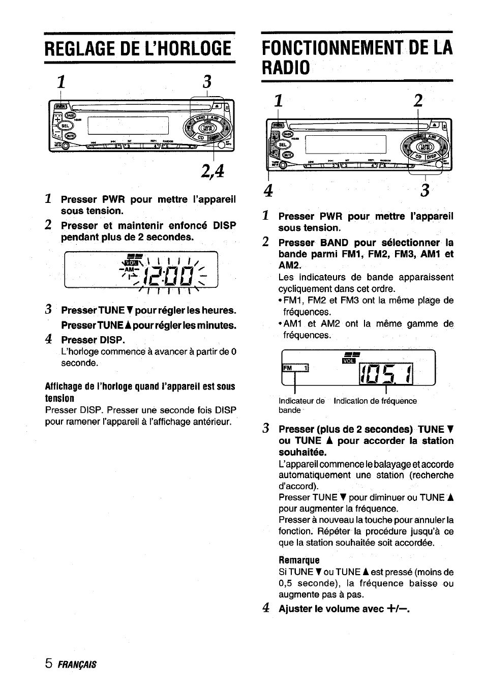 Reglage de lhorloge, Fonctionnement de la radio, Presser pwr pour mettre l’appareil sous tension | Reglage de l’horloge, Reglage de lhorloge fonctionnement de la radio | Aiwa CDC-X116 User Manual | Page 34 / 44