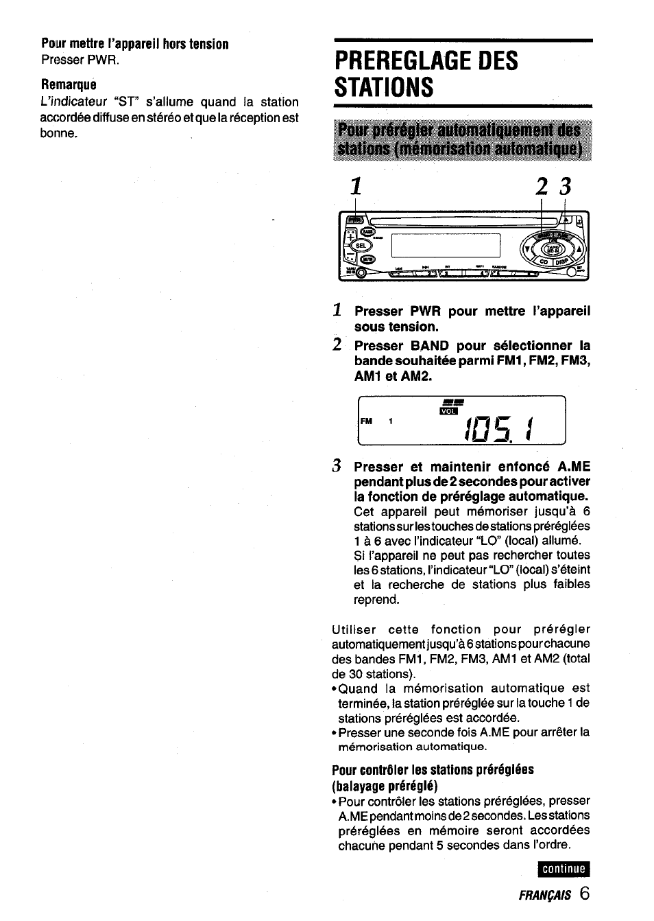 Pour mettre l’appareil hors tension, Remarque, Prereglage des stations | Presser pwr pour mettre l’appareil sous tension | Aiwa CDC-X116 User Manual | Page 35 / 44