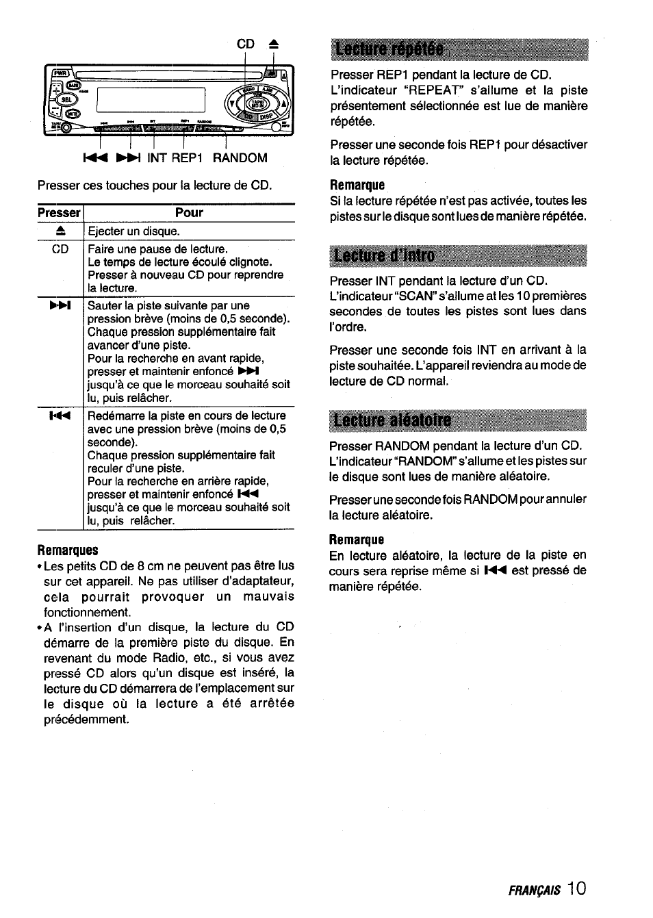 Remarques, Létée, Remarque | Lecture d'intro, Lecture aléatoire | Aiwa CDC-X116 User Manual | Page 39 / 44