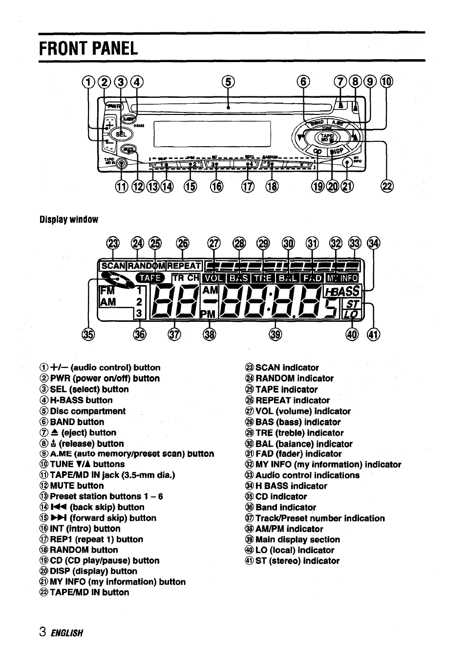 Front panel, Display window | Aiwa CDC-X116 User Manual | Page 4 / 44