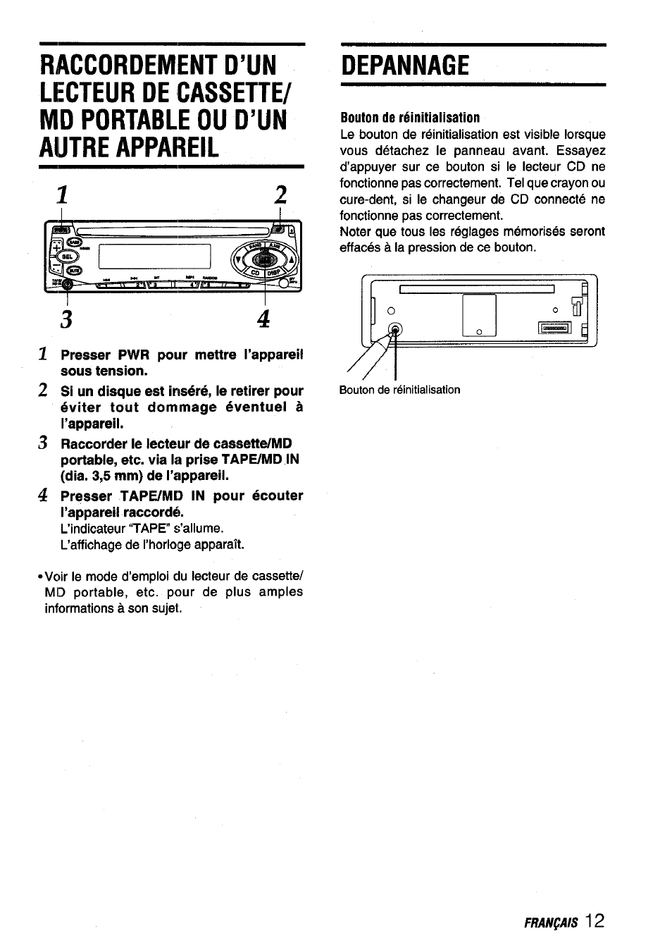 1 presser pwr pour mettre l’appareil sous tension, Bouton de réinitialisation | Aiwa CDC-X116 User Manual | Page 41 / 44