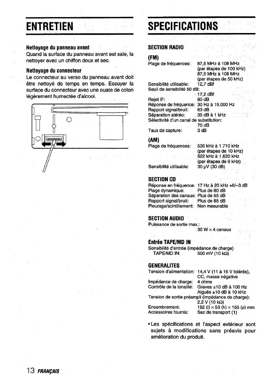 Specifications, Nettoyage du panneau avant, Section radio (fm) | Section cd, Section audio, Entrée tape/md in, Entretien specifications | Aiwa CDC-X116 User Manual | Page 42 / 44