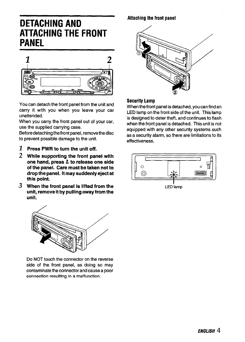 Detaching and attaching the front panel, Attaching the front panel, 1 press pwr to turn the unit off | Security lamp | Aiwa CDC-X116 User Manual | Page 5 / 44