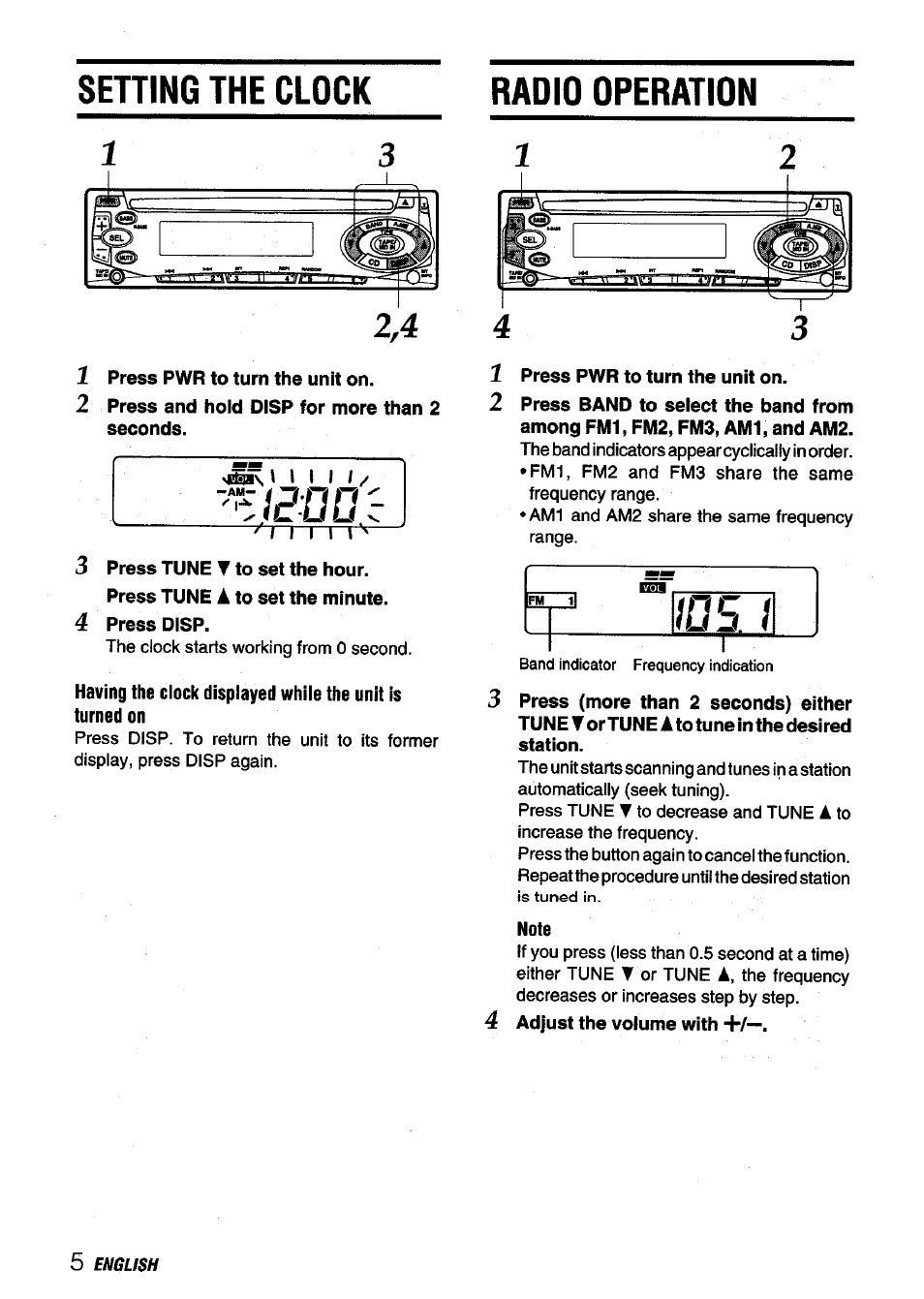 Setting the clock, Radio operation, Press pwr to turn the unit on | Note, Setting the clock radio operation | Aiwa CDC-X116 User Manual | Page 6 / 44