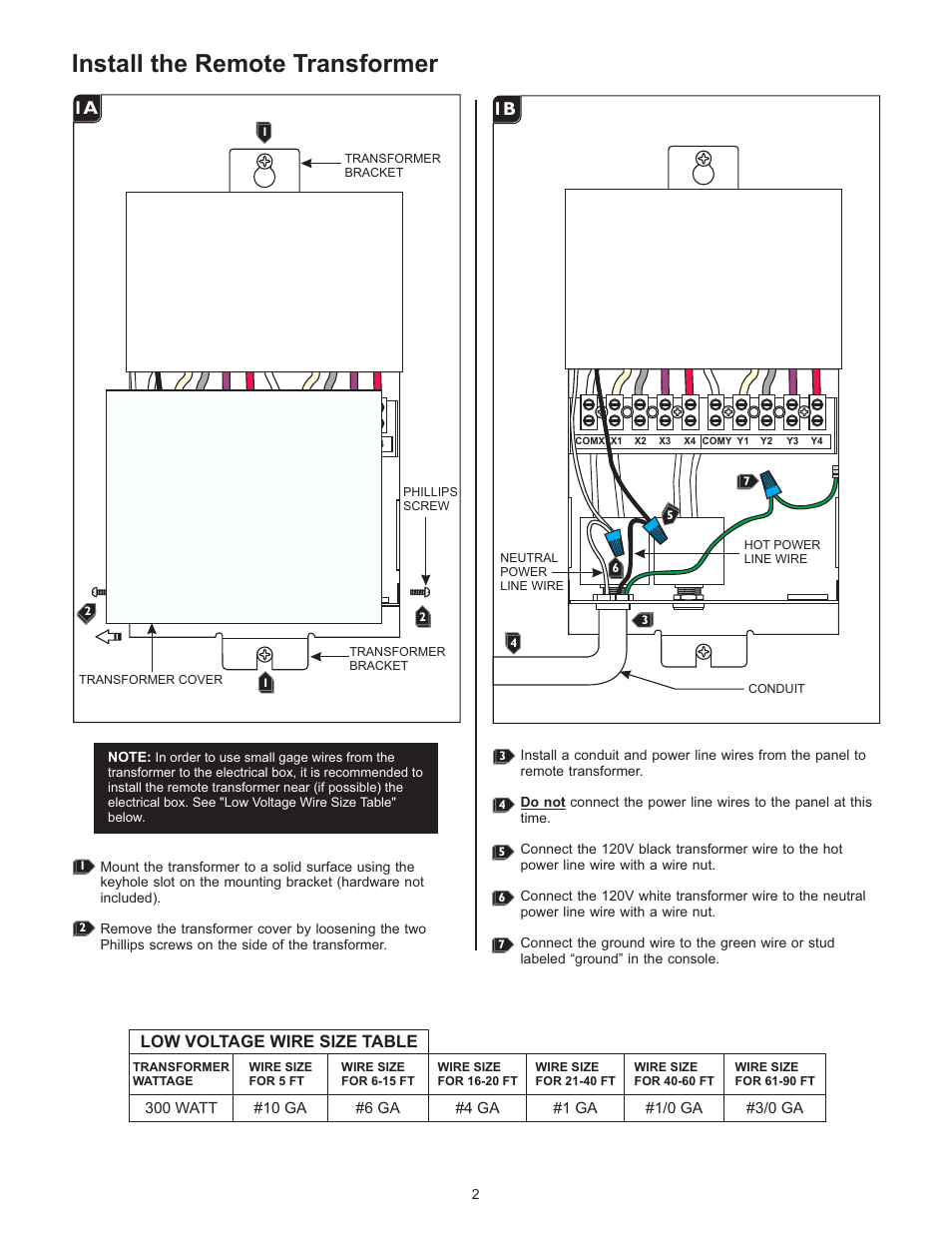 Install the remote transformer, 1a 1b, Low voltage wire size table | LBL Lighting MO Rmt Mag Xfmr 600w 120v/12v User Manual | Page 2 / 4
