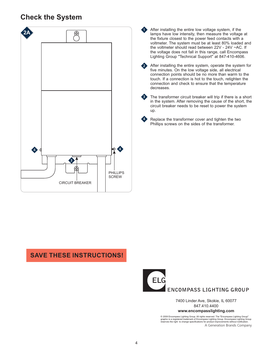 Check the system, Save these instructions | LBL Lighting MO Rmt Mag Xfmr 600w 120v/24v User Manual | Page 4 / 4