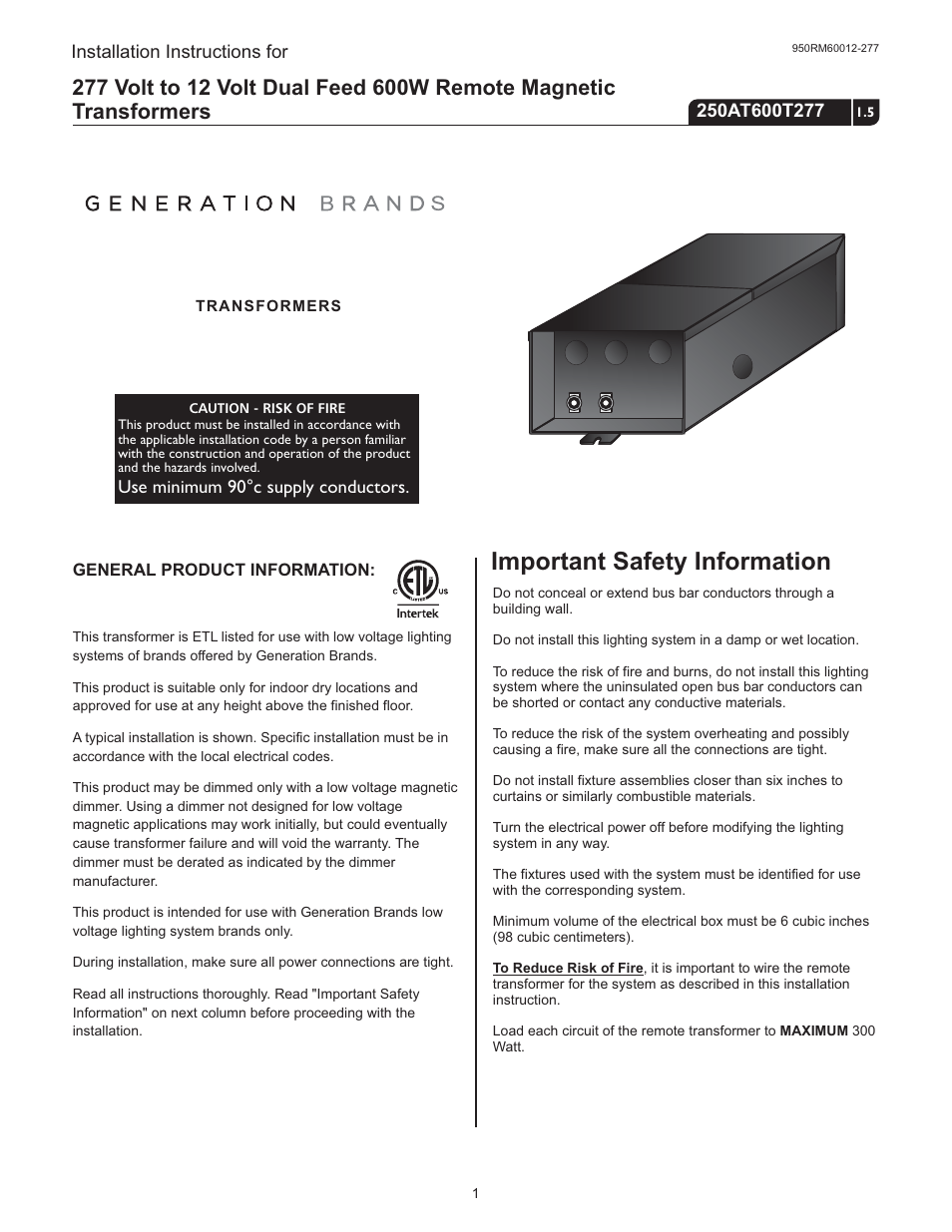 LBL Lighting MO Rmt Mag Xfmr 600w 277v/12v User Manual | 4 pages