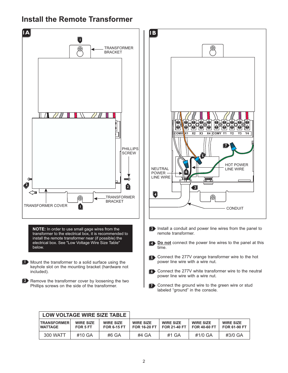 Install the remote transformer, 1a 1b, Low voltage wire size table | LBL Lighting MO Rmt Mag Xfmr 600w 277v/12v User Manual | Page 2 / 4