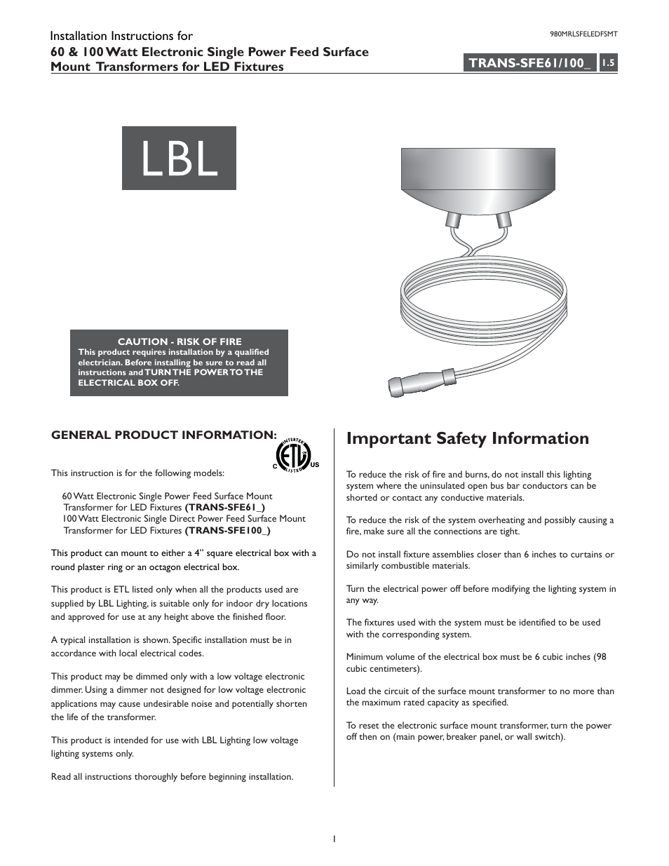 LBL Lighting MO Surf Elec Xfmr 60w 277v/12v LED User Manual | 4 pages