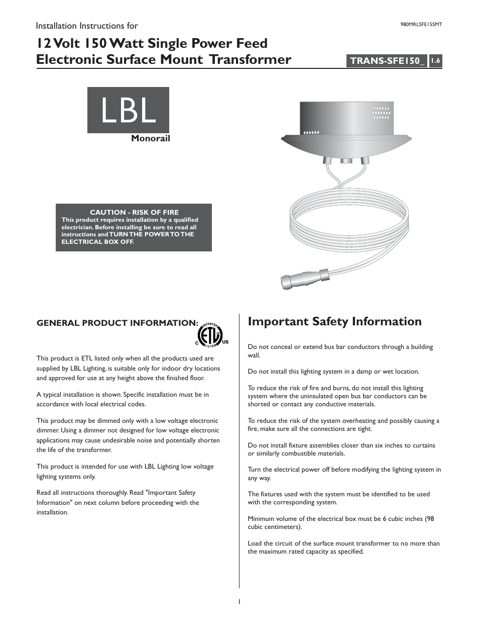 LBL Lighting MO Surf Elec Xfmr 150w 120v/12v User Manual | 4 pages