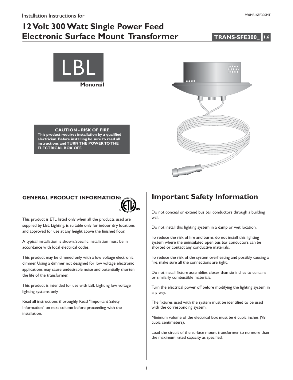LBL Lighting MO Surf Elec Xfmr 300w 120v/12v User Manual | 4 pages