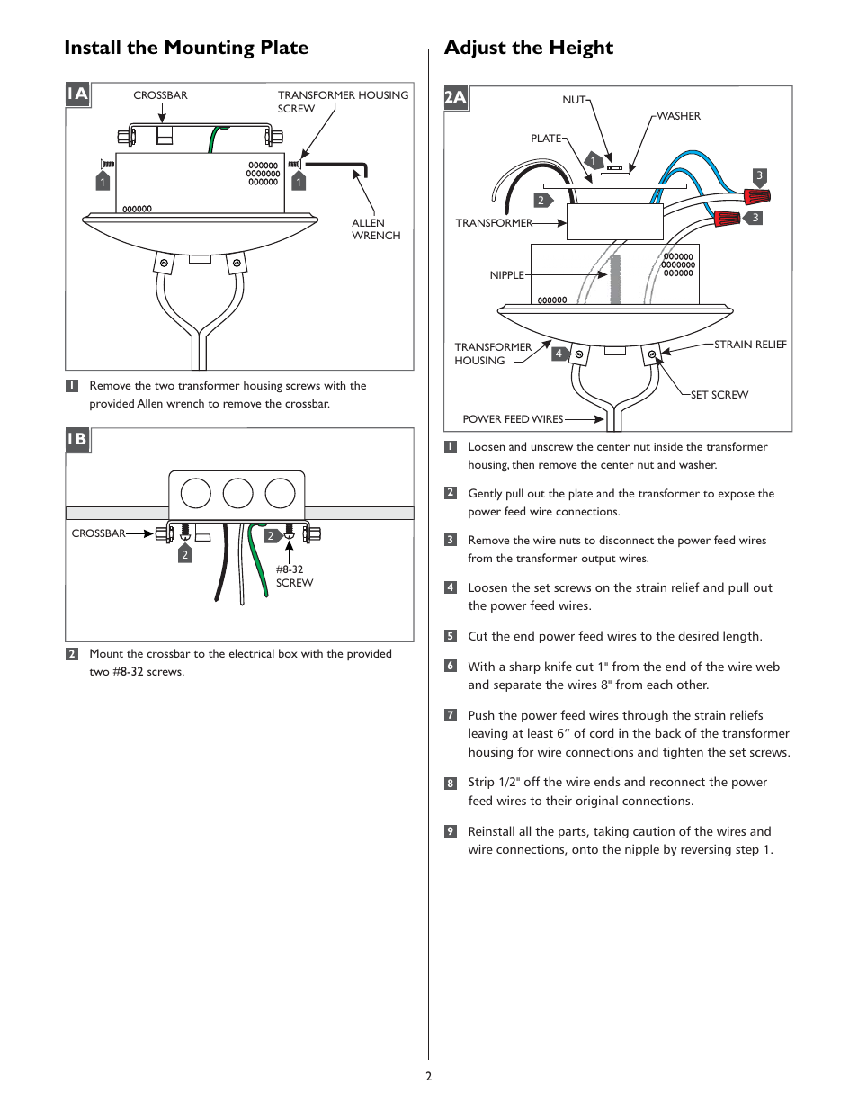 Install the mounting plate, Adjust the height | LBL Lighting MO Surf Elec Xfmr 300w 120v/12v User Manual | Page 2 / 4