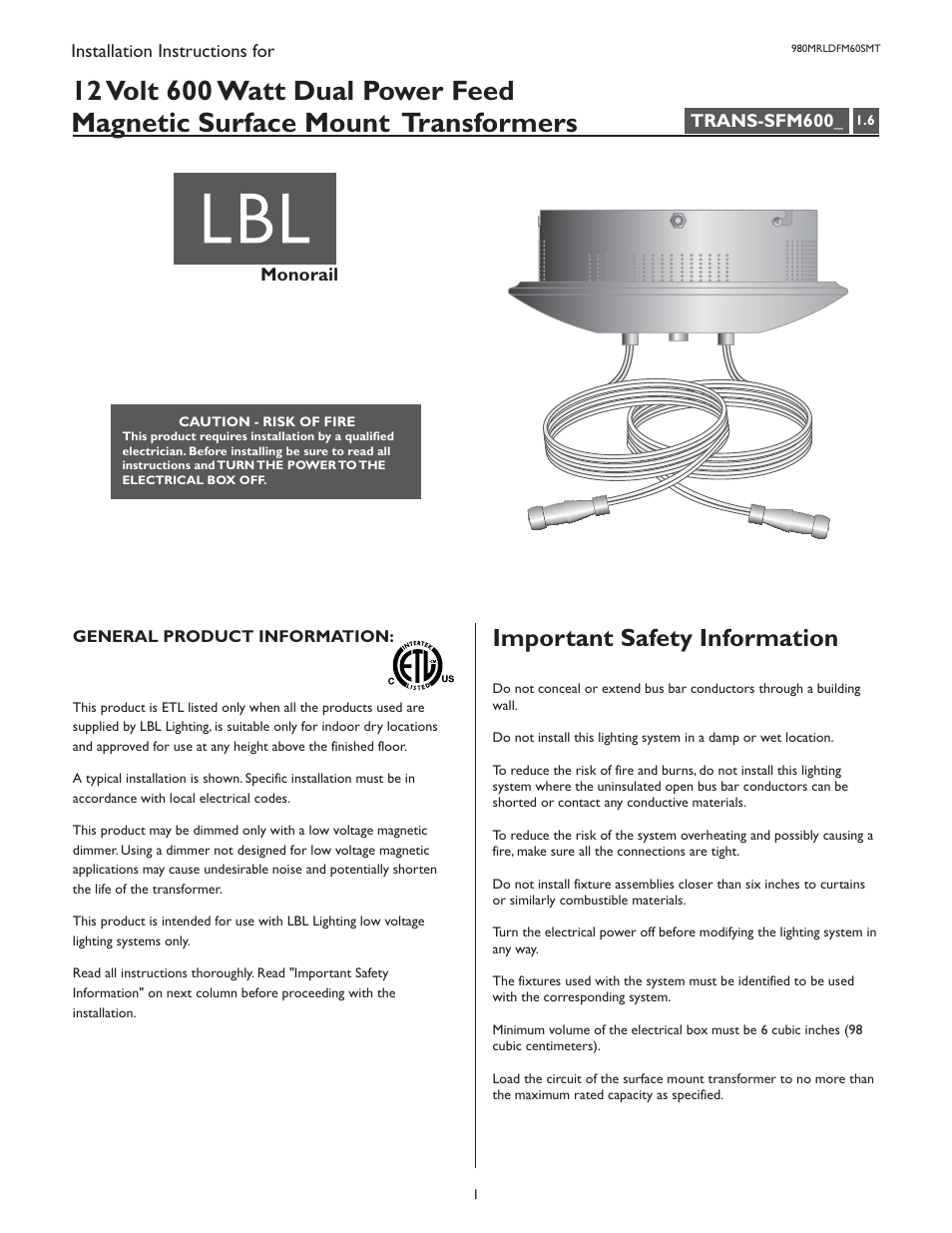 LBL Lighting MO Surf Mag Xfmr 600w 277v/12v User Manual | 4 pages