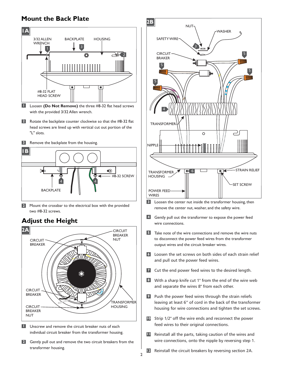 Mount the back plate, Adjust the height | LBL Lighting MO Surf Mag Xfmr 600w 277v/12v User Manual | Page 2 / 4