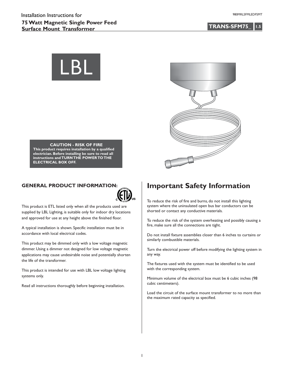 LBL Lighting MO Surf Mag Xfmr 75w 277v/12v LED User Manual | 4 pages