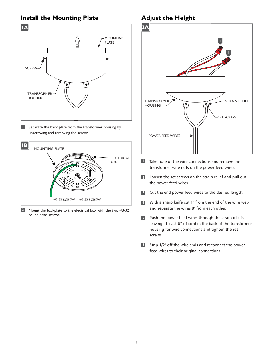 Install the mounting plate, Adjust the height | LBL Lighting MO Surf Mag Xfmr 75w 277v/12v LED User Manual | Page 2 / 4