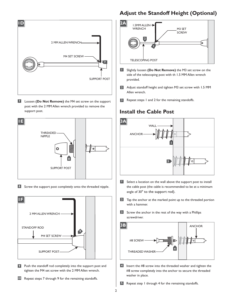 Adjust the standoff height (optional), Install the cable post, 1f 2a 3a 3b | LBL Lighting MO Bracket User Manual | Page 2 / 4